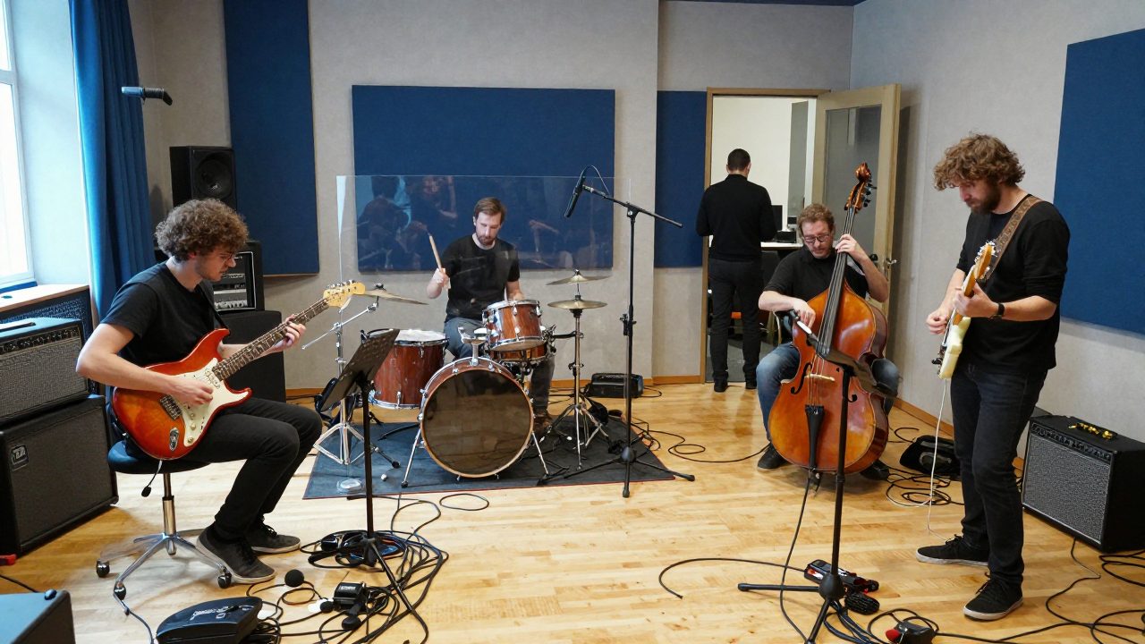 Band plays live in studio live room with drums behind glass.