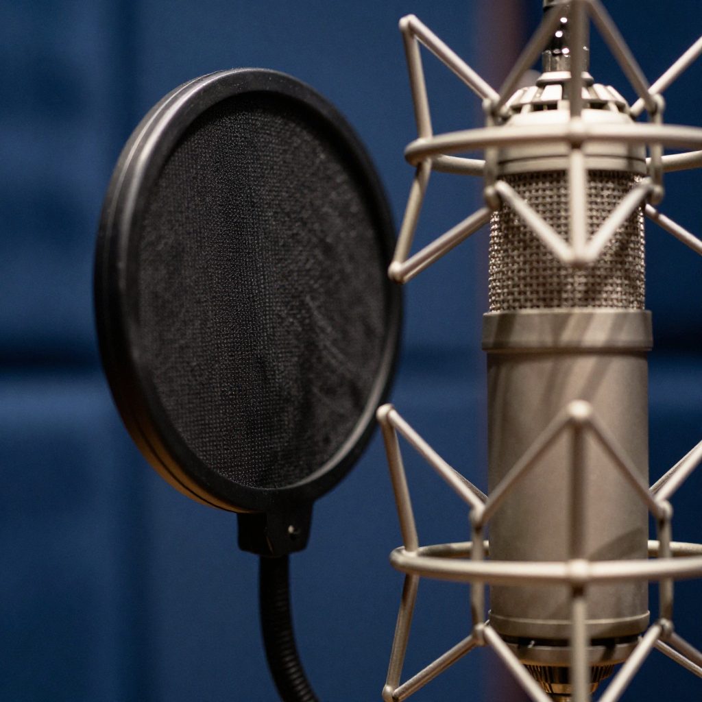 Detail of microphone, pop filter and acoustic fabric in booth.