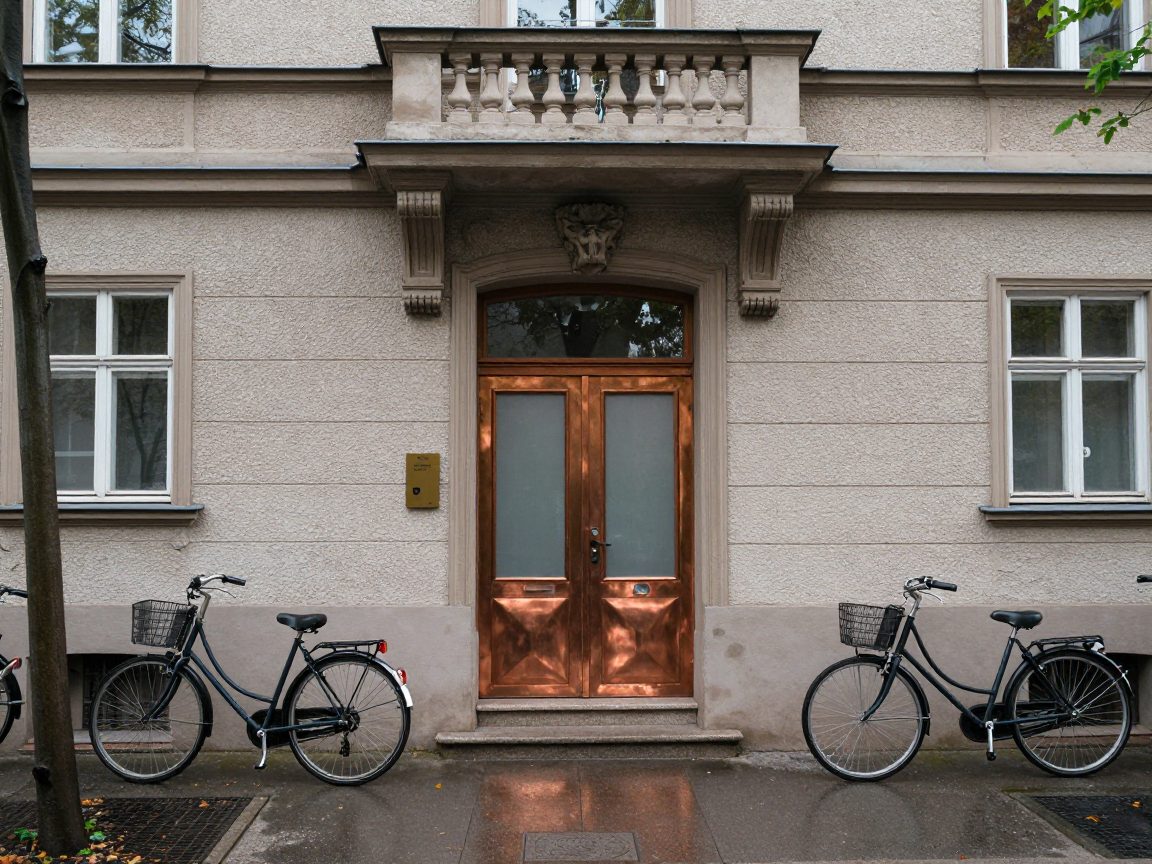 Studio entrance on Vienna street with bicycles and stucco facade.