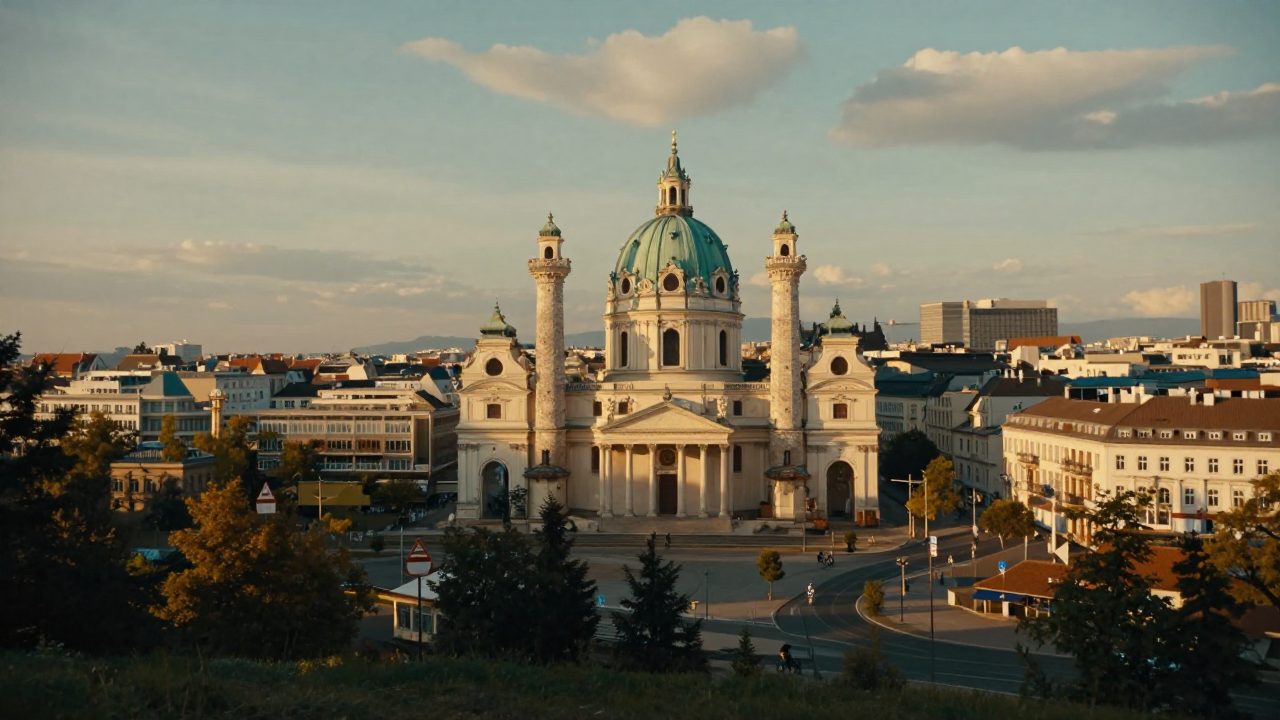 Vienna skyline with Karlskirche in golden evening light.