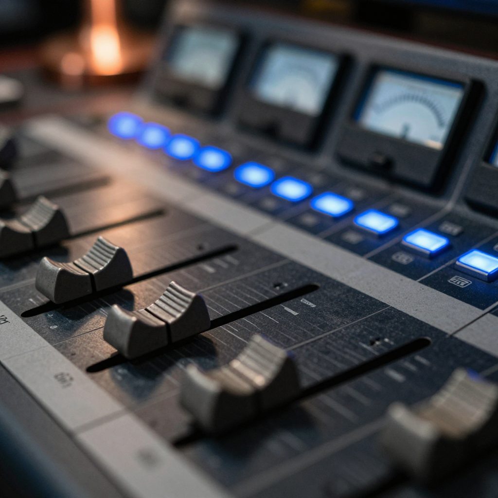 Close-up of faders and patchbay on mixing desk.