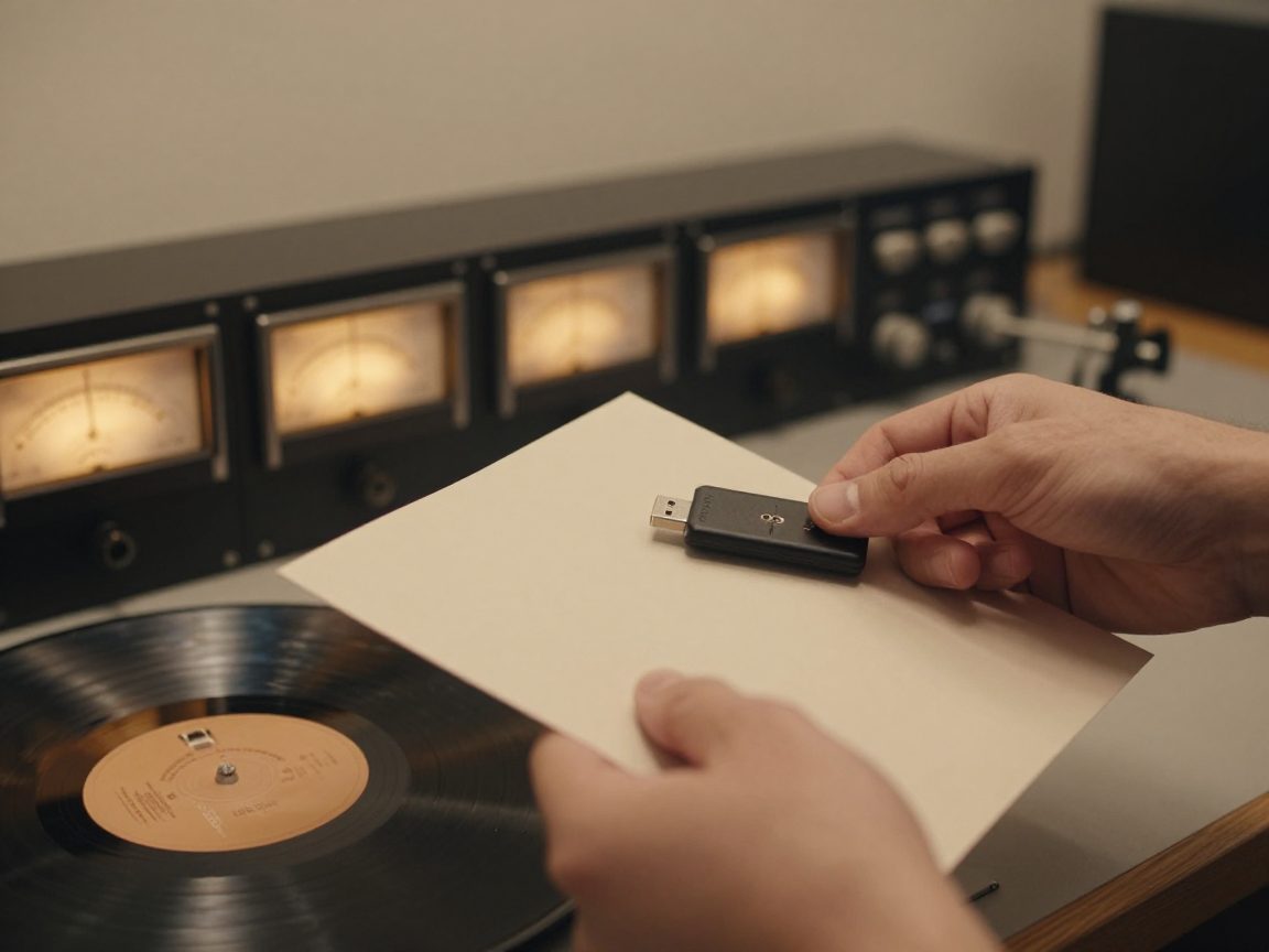 Handover of USB sticks and vinyl test pressing on counter.