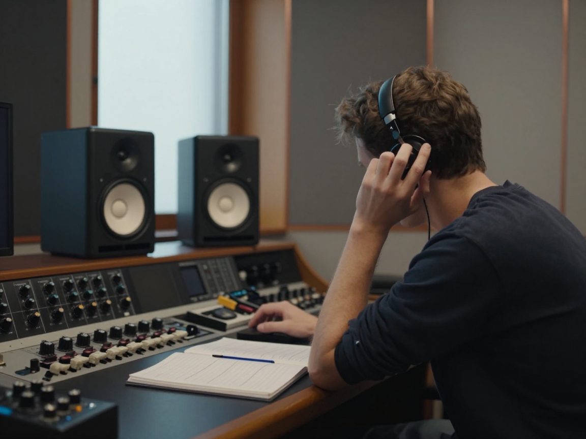 Mastering engineer listens critically on monitors in treated room.