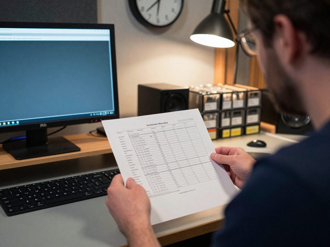 Producer reviews track list and plan at studio desk.