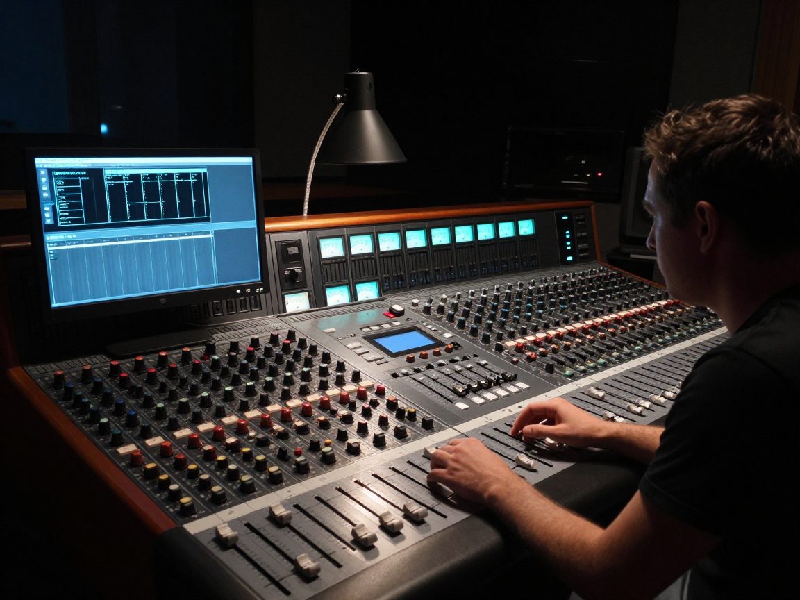 Mix engineer at console in dark control room with warm light.