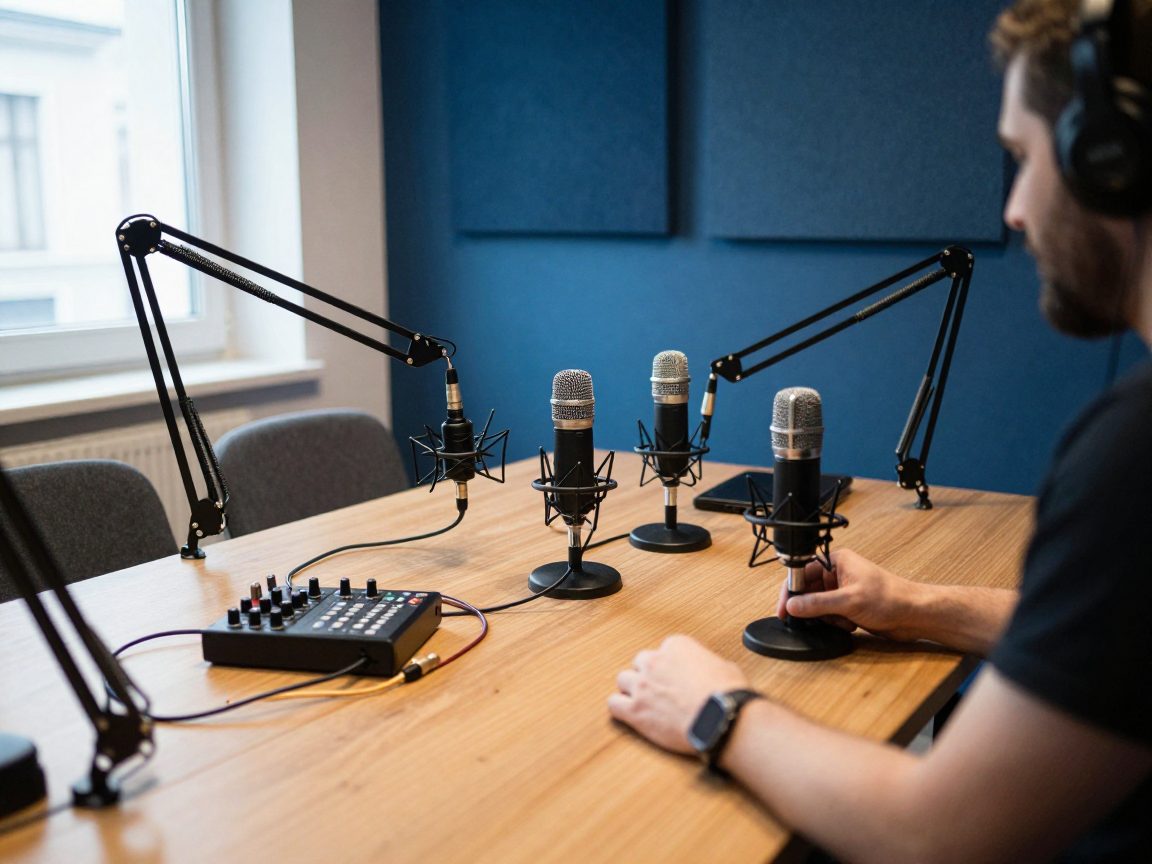 Engineer richtet Tischmikrofone und Mixer für Podcast auf.