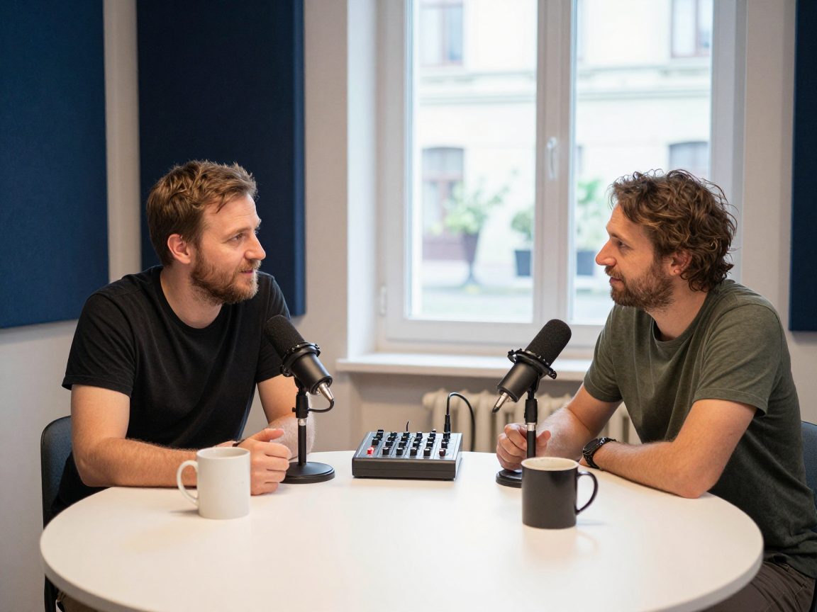 Two podcast hosts talk at table with microphones and mixer.