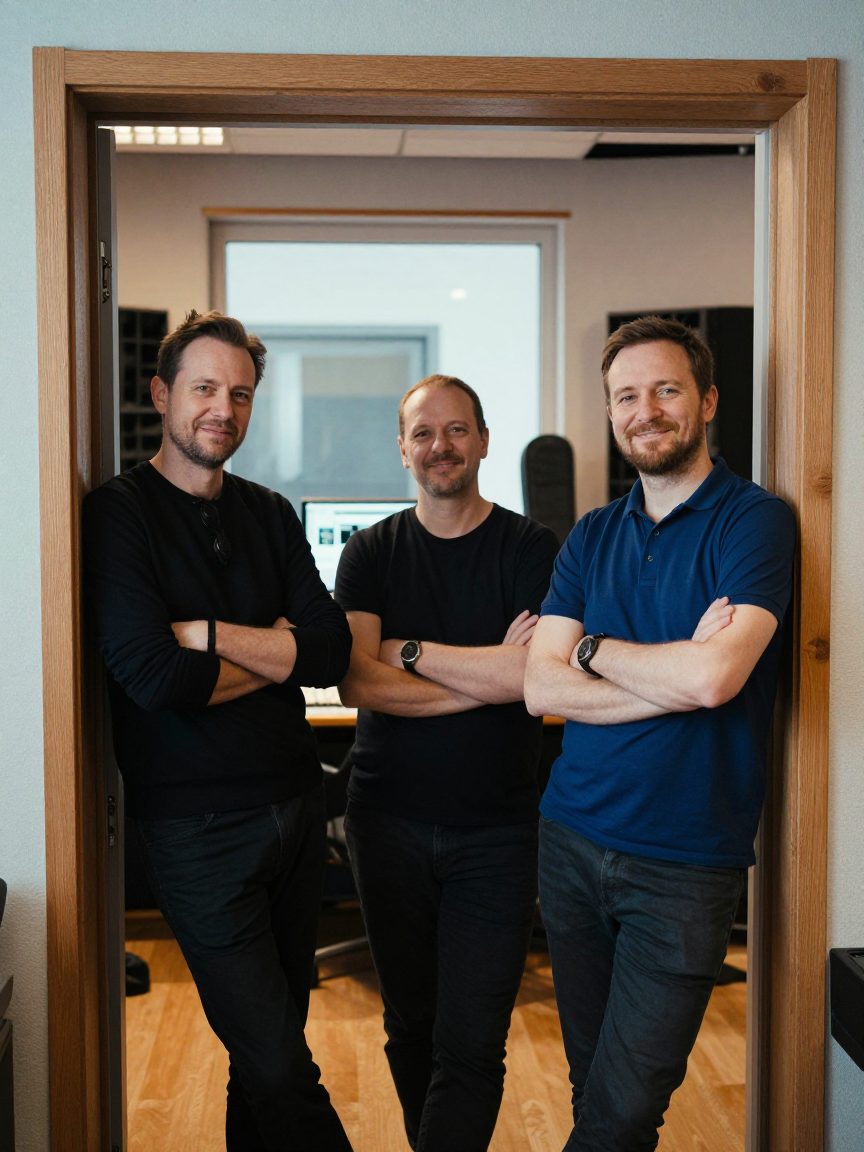 Three studio staff between control room and live room.