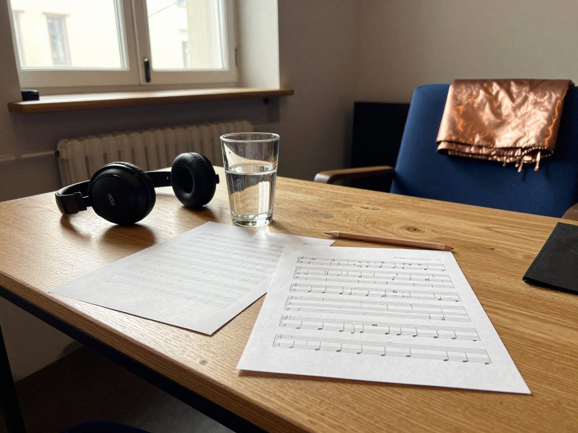 Vocal prep: lyric sheets, water, headphones on table.