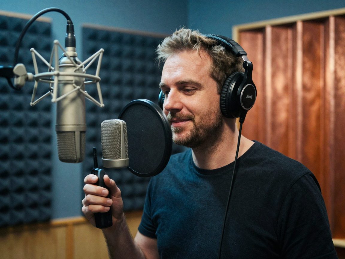 Vocalist with headphones sings behind pop filter in booth.